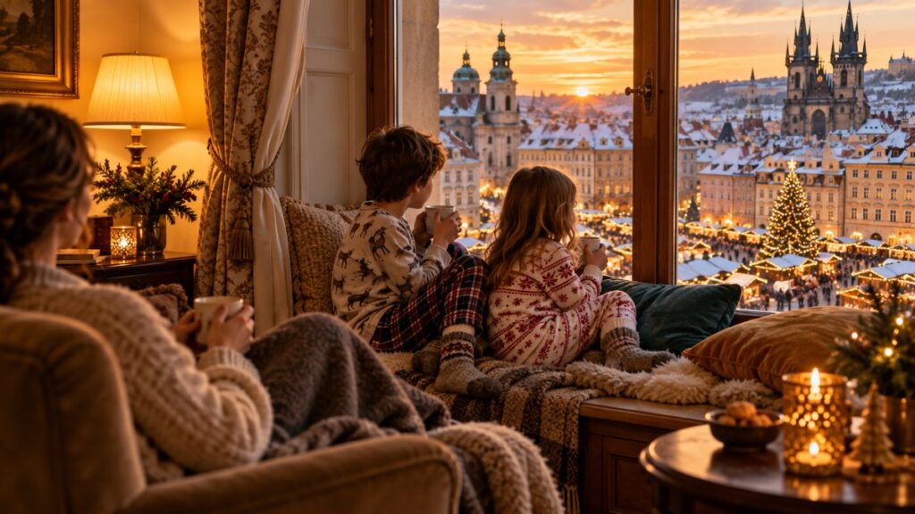 Niños con chocolate caliente mirando un mercado de Navidad desde la ventana del hotel
