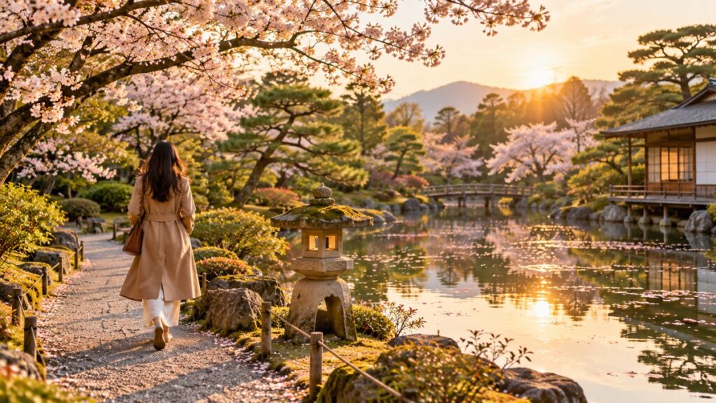 Viajera caminando por un jardín tradicional japonés con cerezos en flor